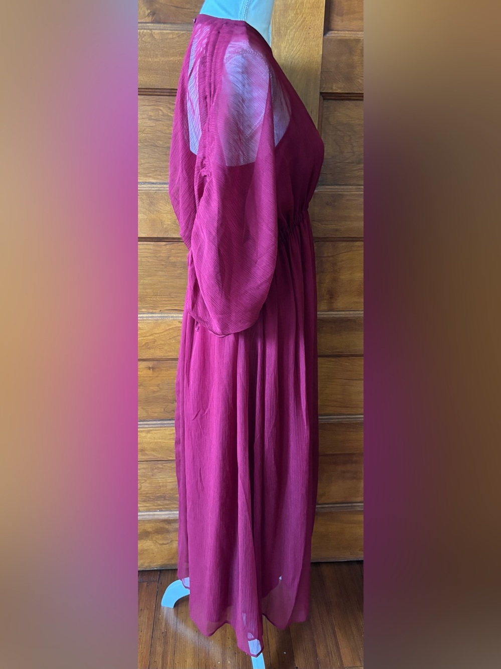 Sheer Overlay Waist-Defined Maxi Dress - Burgundy - Picture 5 of 8